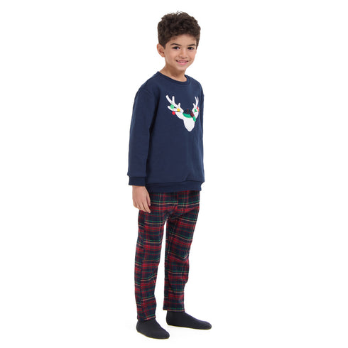 Boys Winter pajama set Dark Blue deer Hoodie + Dark Blue x Red Checkered Pants